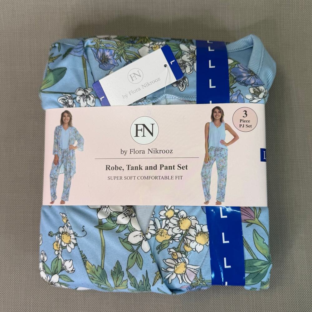 Flora Nikrooz FN Womens Large 3 Piece Pajama Set Robe Tank Pants Blue Floral NWT